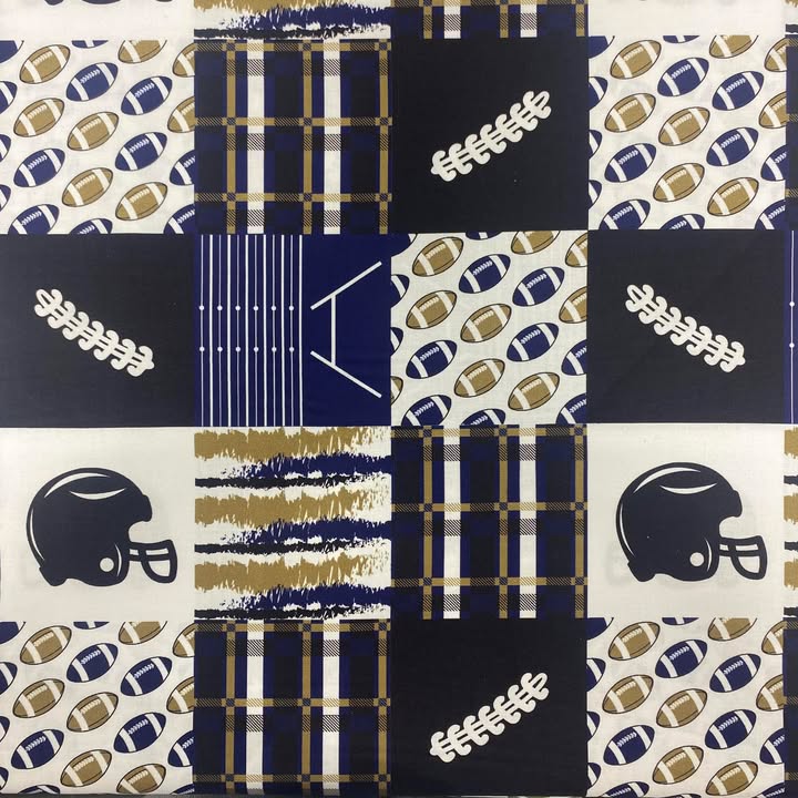 Blue/Gold Football Patchwork - Mook Fabrics Cotton
