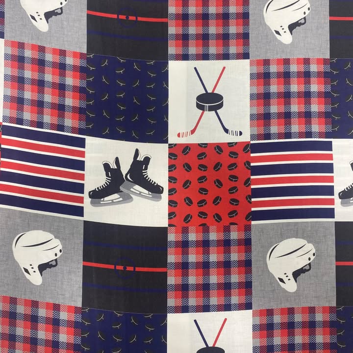 Red/Blue/Grey Hockey Patchwork - Mook Fabrics Cotton