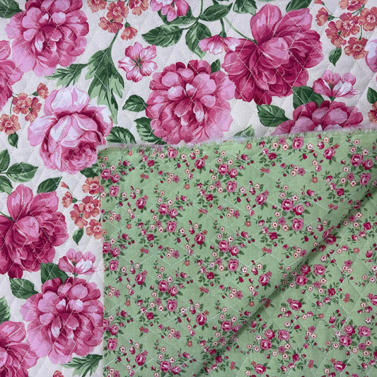 Double-Face Pre-Quilted Reversible Pink Peonies - Fabric Traditions Cotton