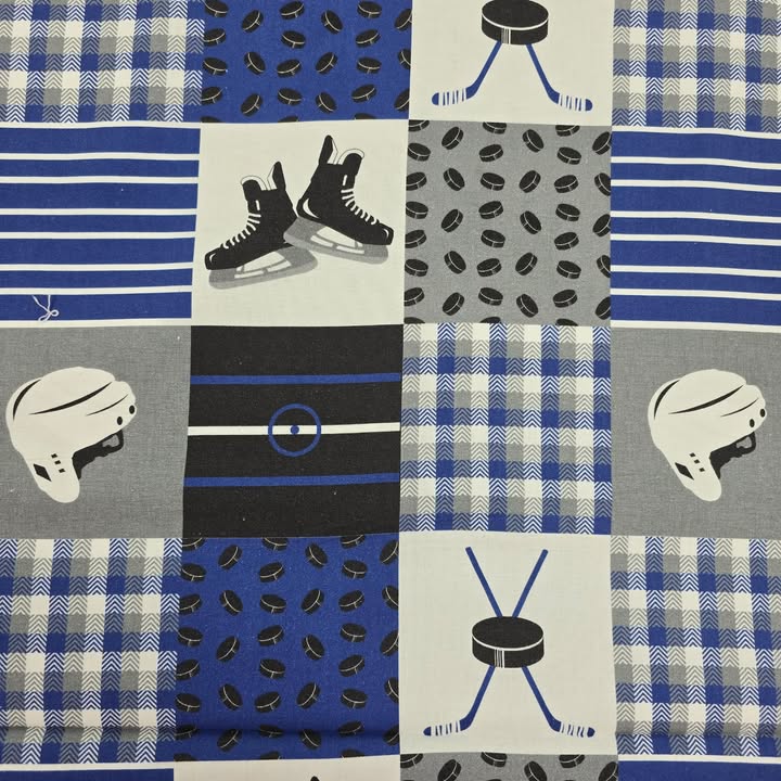 Blue/White Hockey Patchwork - Mook Fabrics Cotton