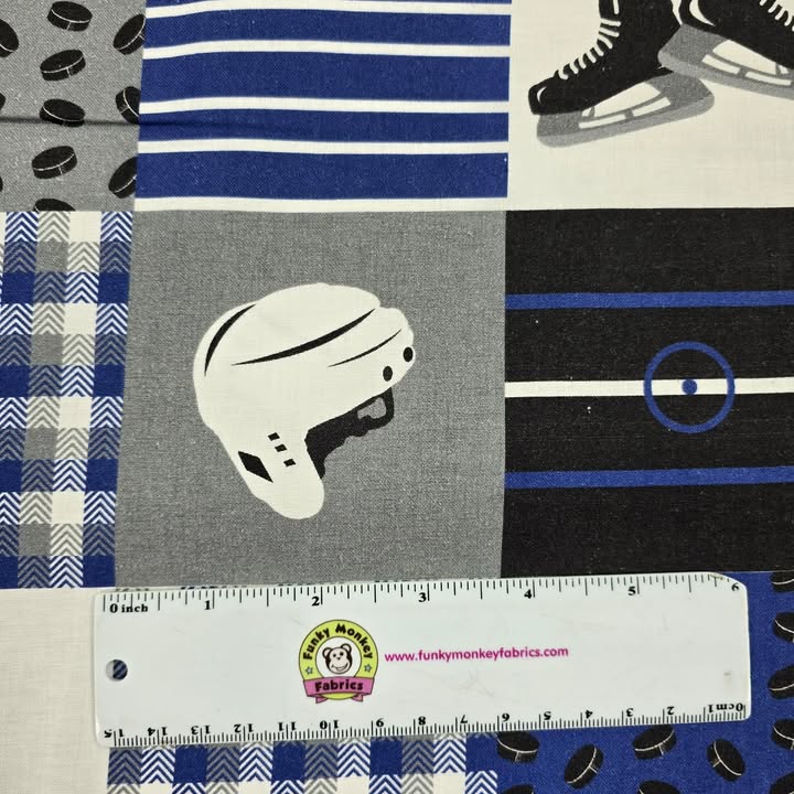 Blue/White Hockey Patchwork - Mook Fabrics Cotton