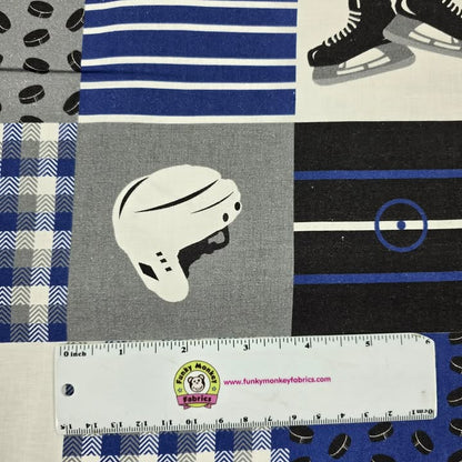 Blue/White Hockey Patchwork - Mook Fabrics Cotton