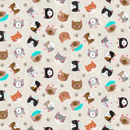 CLEARANCE Purrfect Partners Heads on Cream - Wilmington Prints Cotton