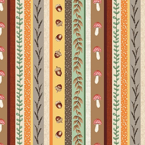 CLEARANCE Mushroom & Acorn Stripe - Studio E Cotton