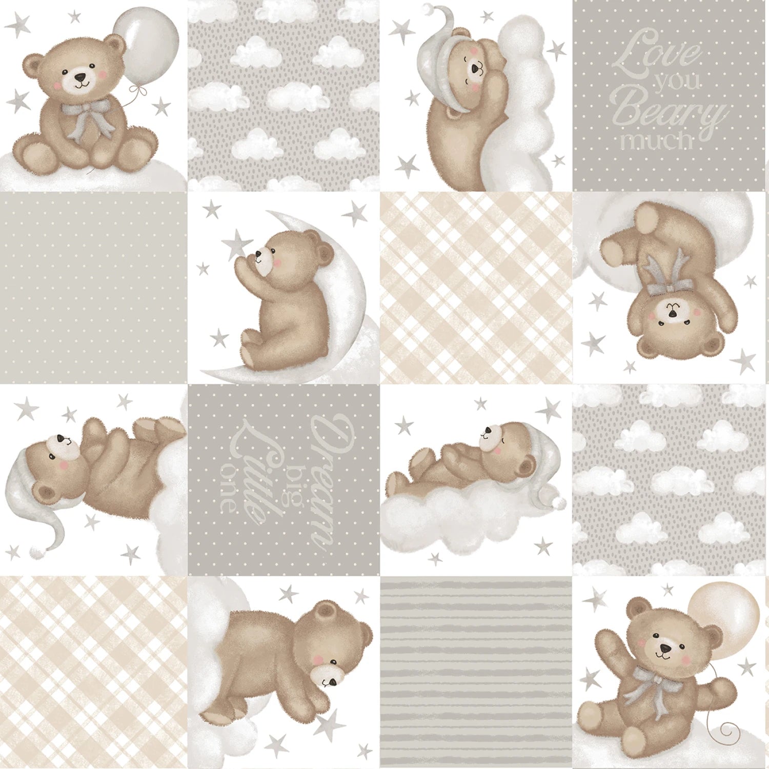Gray/Multi Teddy Bear Patchwork - Studio E Cotton
