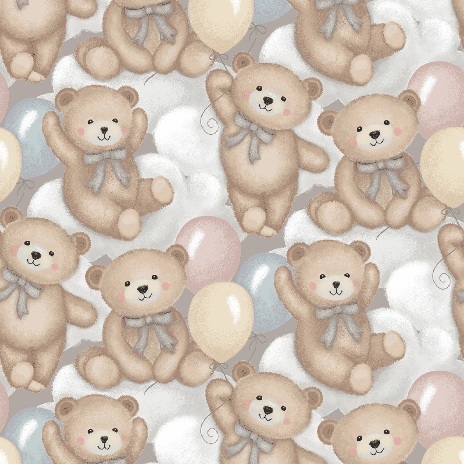 Gray/Multi Teddy Bears and Clouds - Studio E Cotton