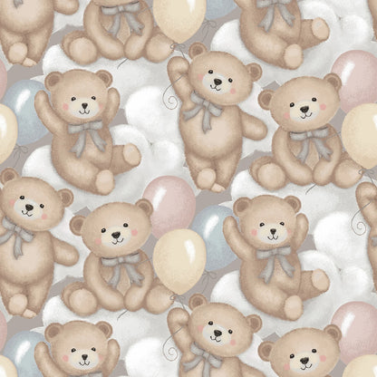 Gray/Multi Teddy Bears and Clouds - Studio E Cotton