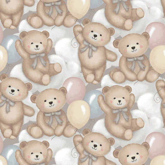 Gray/Multi Teddy Bears and Clouds - Studio E Cotton
