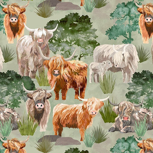 Pattern of highland cows and calves with greenery on a fabric swatch.