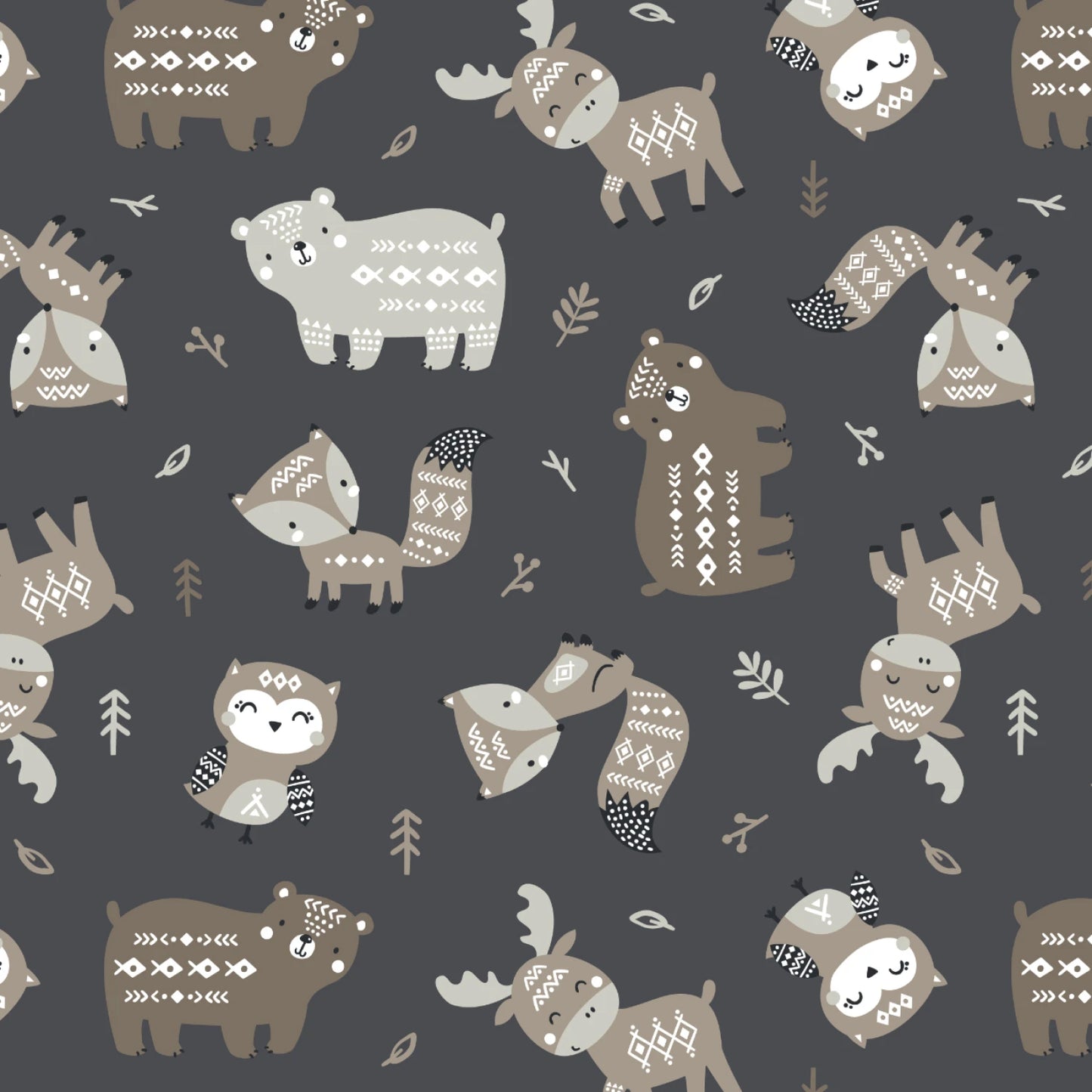 Charcoal Aztec Woodland Friends - Camelot Cotton