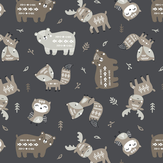 Charcoal Aztec Woodland Friends - Camelot Cotton