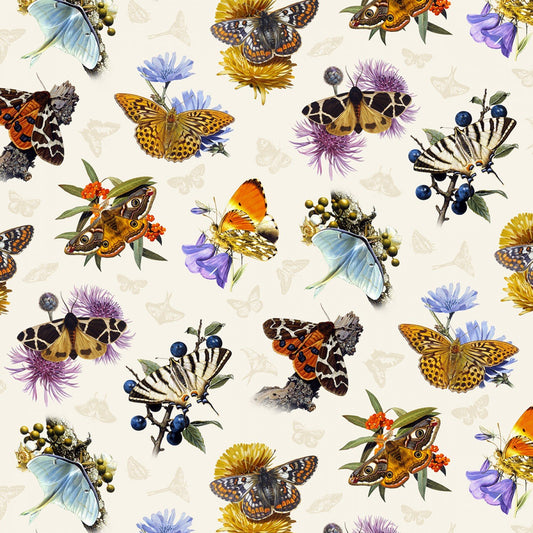 CLEARANCE Butterflies & Moths Cream - Elizabeth's Studio Cotton