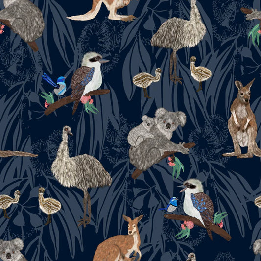 Navy Backyard Beauties - KK Fabrics Cotton