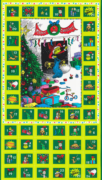 CLEARANCE Green Grinch Advent Calendar Panel - Robert Kaufman Cotton