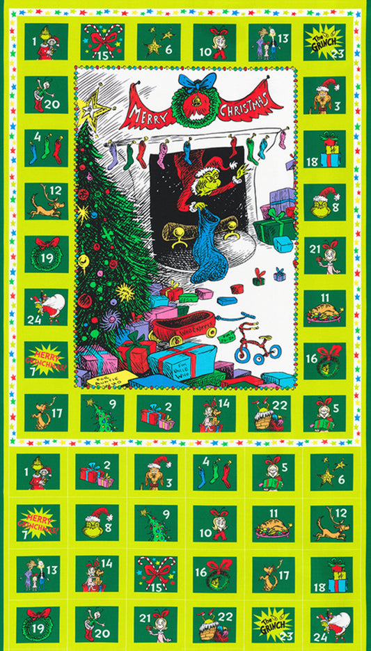 CLEARANCE Green Grinch Advent Calendar Panel - Robert Kaufman Cotton