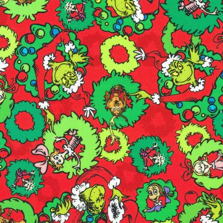 Red Grinch Wreaths - Robert Kaufman Cotton