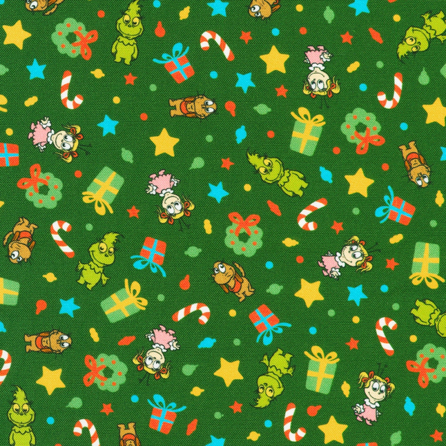 Green Tossed Grinch Christmas Motifs - Little Grinch - Robert Kaufman Cotton