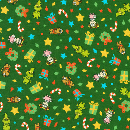 Green Tossed Grinch Christmas Motifs - Little Grinch - Robert Kaufman Cotton