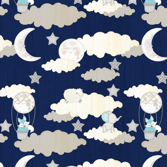 CLEARANCE Navy Animals in Clouds - Wilmington Prints Cotton