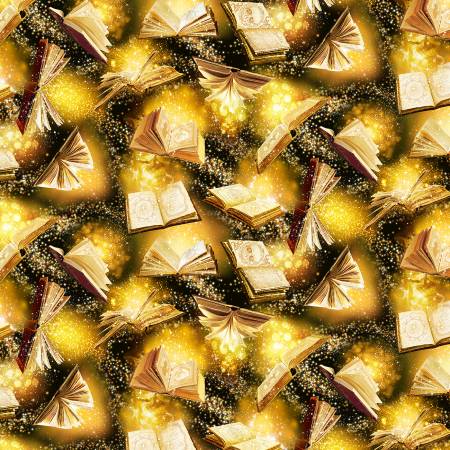 CLEARANCE Gold Magic Spell Books Flying - Timeless Treasures Cotton