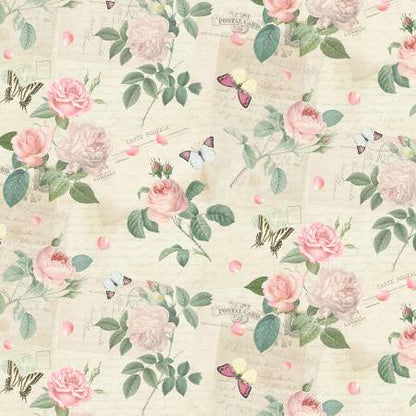 CLEARANCE Cream Roses & Butterflies On Postcards - Timeless Treasures Cotton