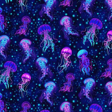 Midnight Bioluminescent Jellyfish - Timeless Treasures Cotton