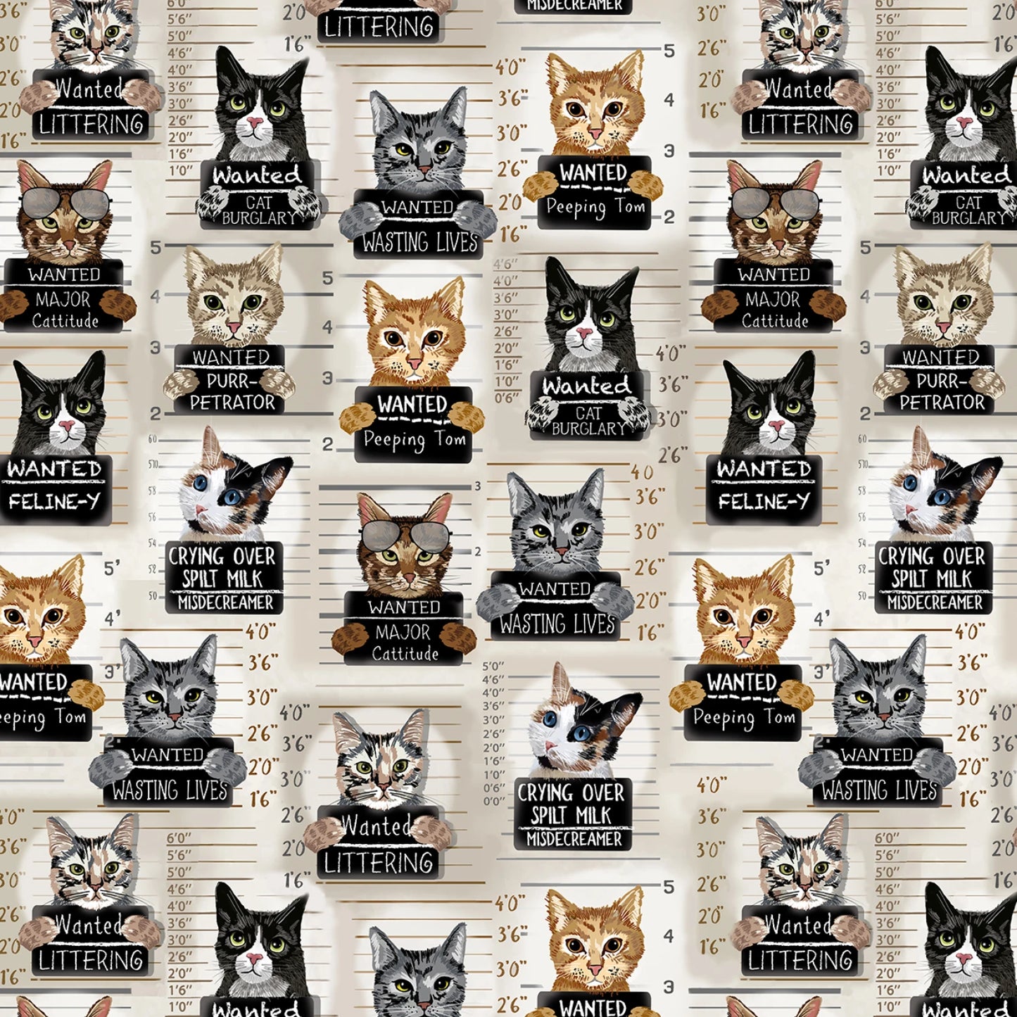 Beige Cat Mugshots - Timeless Treasures Cotton