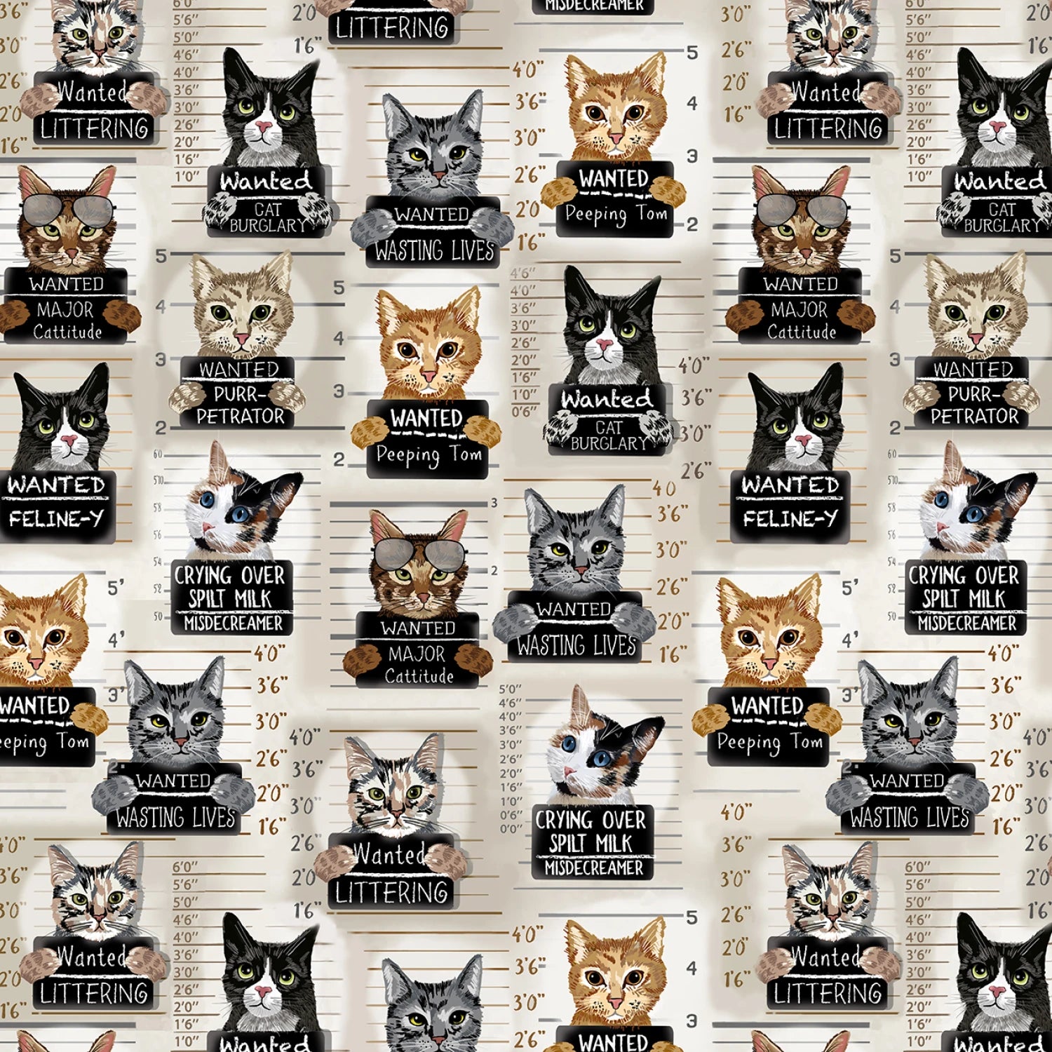 Beige Cat Mugshots - Timeless Treasures Cotton
