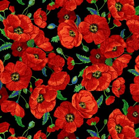 Black Poppy Bouquet - Timeless Treasures Cotton