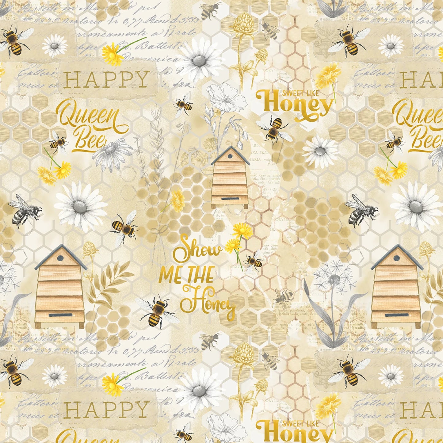 Beige Honey Bee Collage - Timeless Treasures Cotton