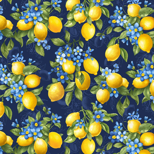 Lemon Bouquet on Navy - Timeless Treasures Cotton