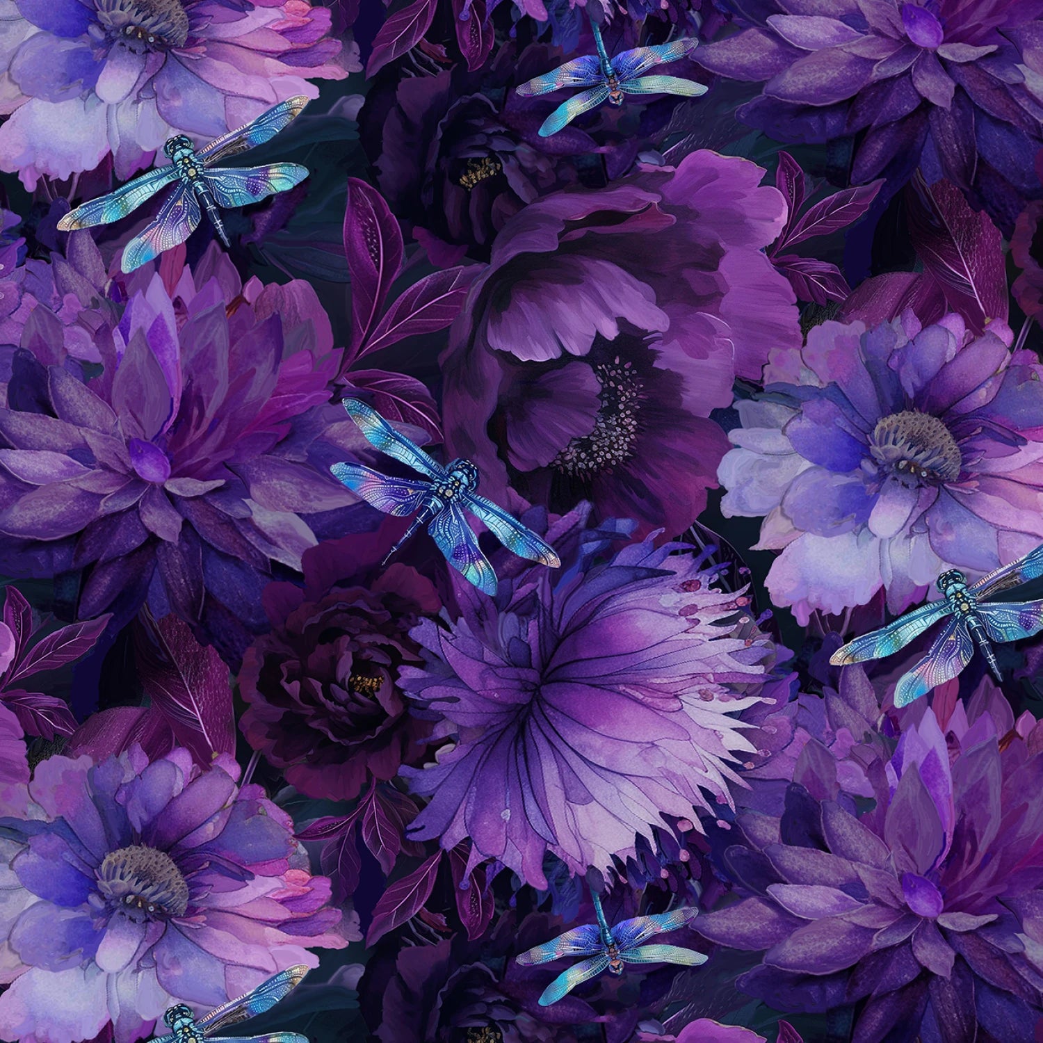 Purple Floral With Dragonflies - Timeless Treasures Cotton