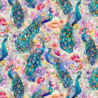 Multi Peacocks On Floral - Timeless Treasures Cotton