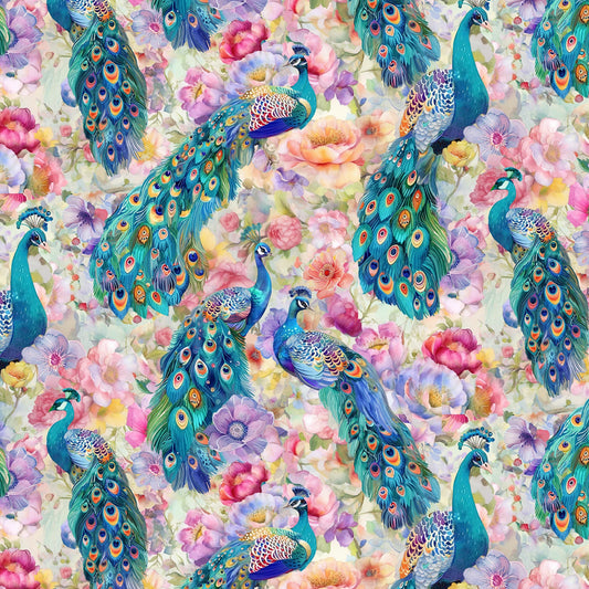 Multi Peacocks On Floral - Timeless Treasures Cotton