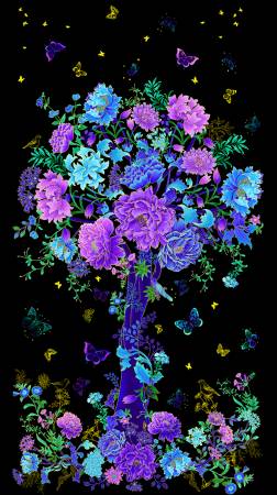 Black Metallic Floral Tree Panel - Timeless Treasures Cotton