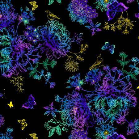 CLEARANCE Black Floral Bird Etching Metallic - Timeless Treasures Cotton