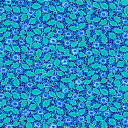 Blue Small Floral With Leaves Metallic - Timeless Treasures Cotton