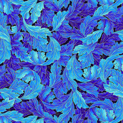 CLEARANCE Blue Fancy Acanthus Scroll Metallic - Timeless Treasures Cotton