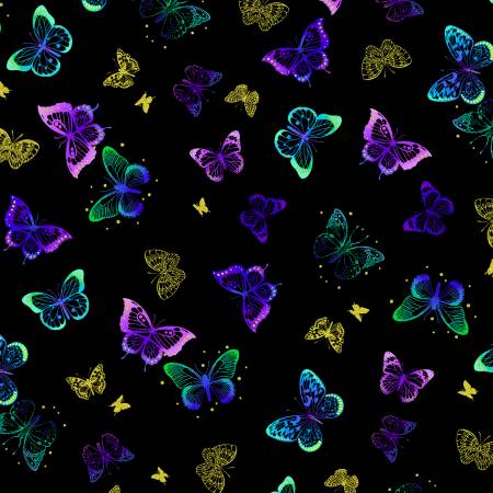 CLEARANCE Black Tossed Butterflies Dots Metallic - Timeless Treasures Cotton
