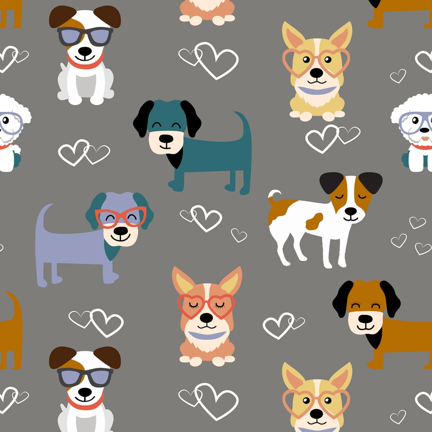 Pattern of cartoon dogs with hearts on a gray background