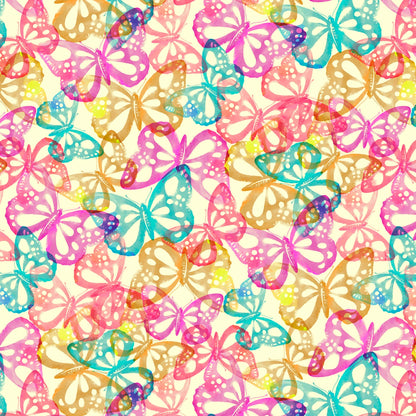 This vibrant fabric features a delightful array of butterfly stamps in various shades of pink, orange, blue, and yellow, creating a lively and playful pattern against a light background. The design captures the whimsical nature of butterflies, with each one outlined in a way that makes them appear to be fluttering across the fabric, adding a touch of magic to any project.