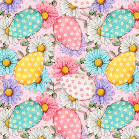 Spring Eggs and Daisies on Pink - David Textiles (DX-3930-4C-2)
