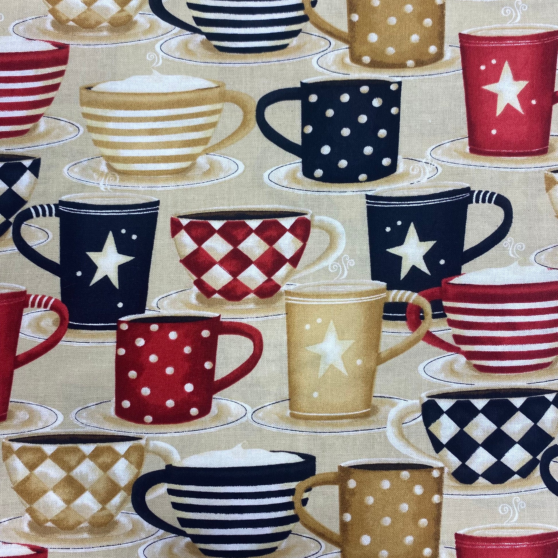 CLEARANCE Large Coffee Cups on Tan - Wilmington Prints Cotton