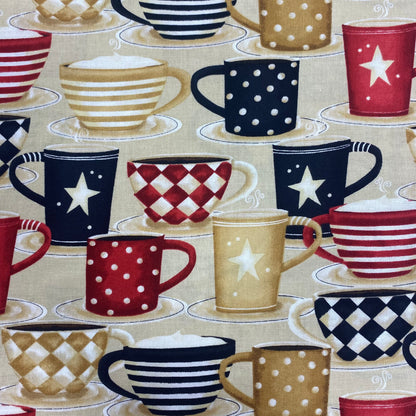 CLEARANCE Large Coffee Cups on Tan - Wilmington Prints Cotton