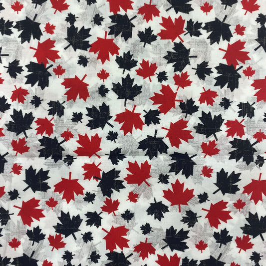 Red/Black Maple Leaves on White Canadian Spirit - Windham Fabrics Cotton