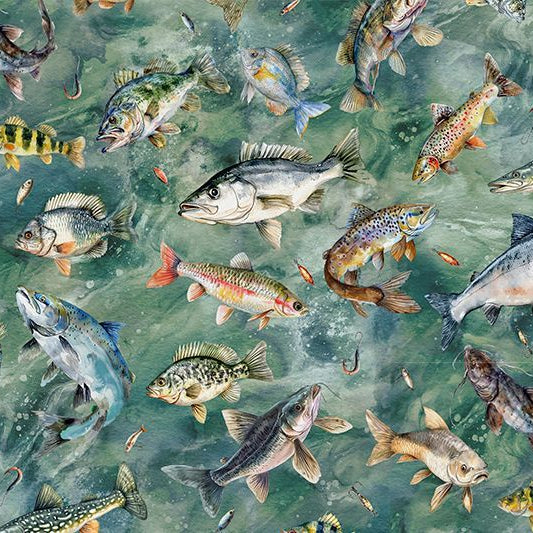 Hoffman Fish Toss Moss - Shannon Fabrics Cuddle Minky