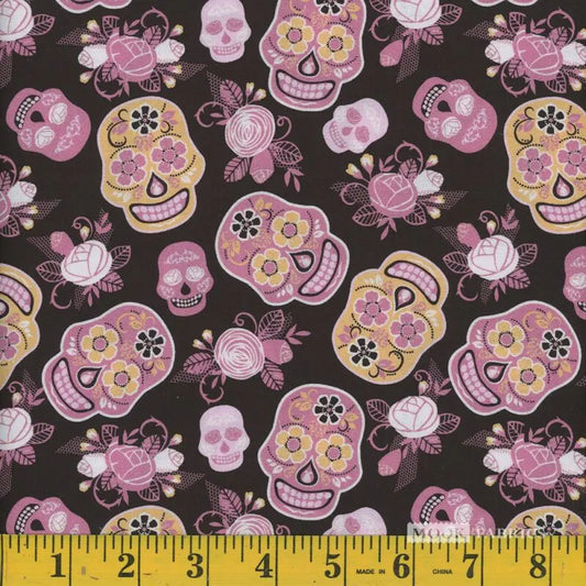 CLEARANCE Black/Yellow/Pink Sugar Skulls - Mook Fabrics Cotton