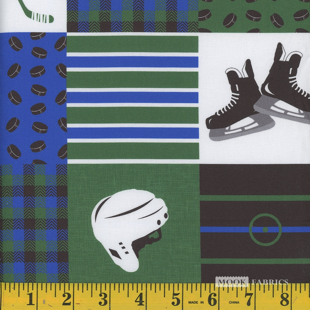 Blue/Green Hockey Patchwork - Mook Fabrics Cotton