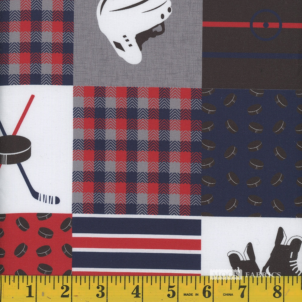 Red/Blue/Grey Hockey Patchwork - Mook Fabrics Cotton