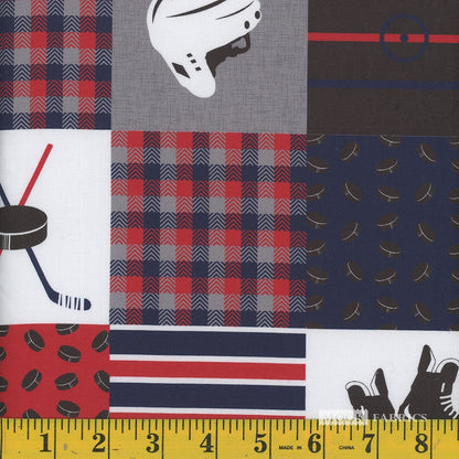 Red/Blue/Grey Hockey Patchwork - Mook Fabrics Cotton